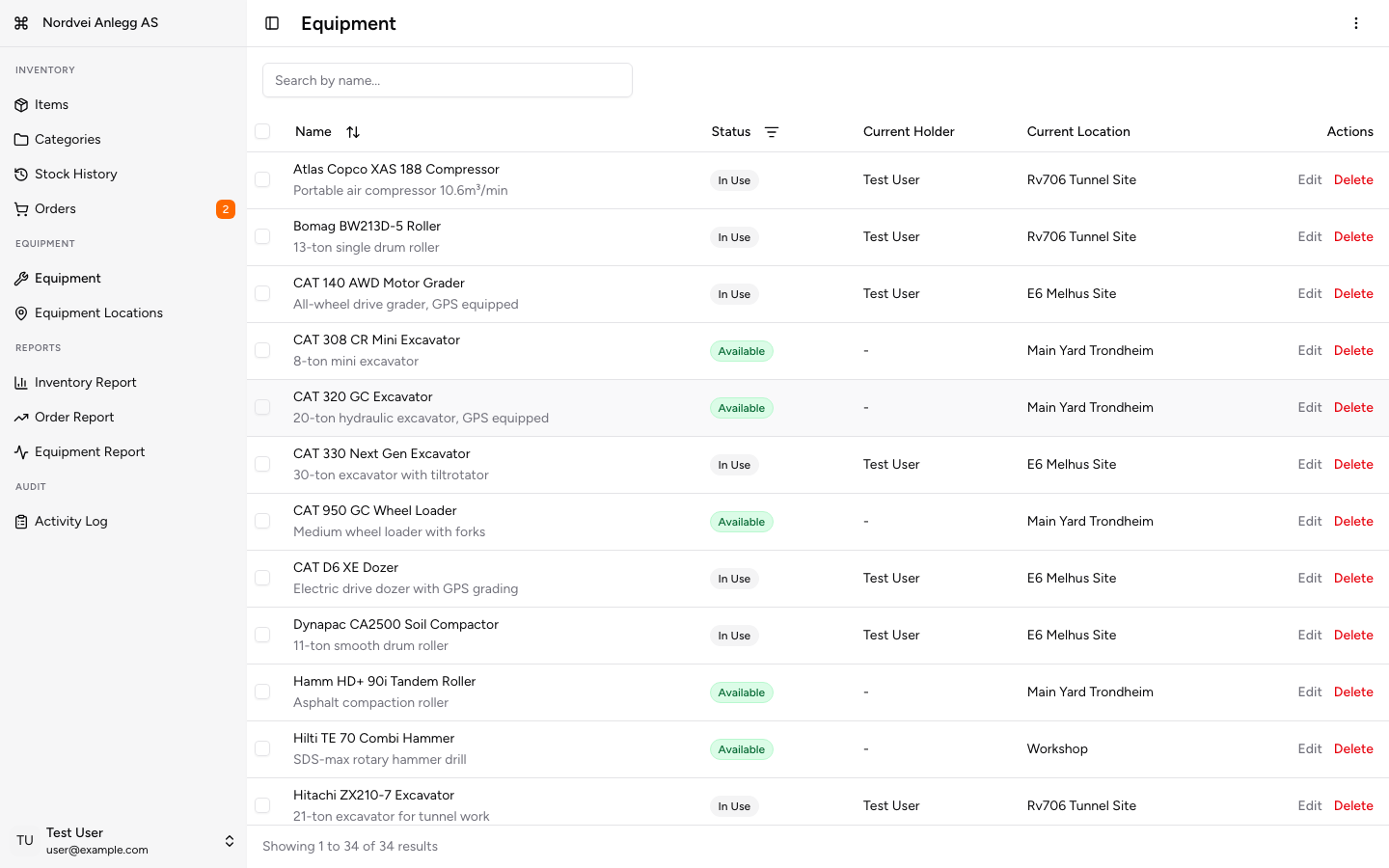 Momentech equipment tracking dashboard
